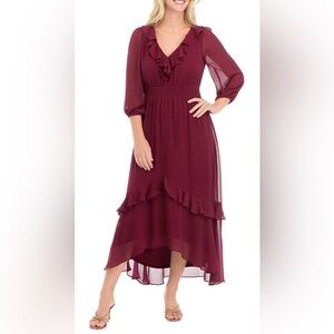 Maison Tara Burgundy Ruffle V-Neck Long Sleeve Maxi Dress